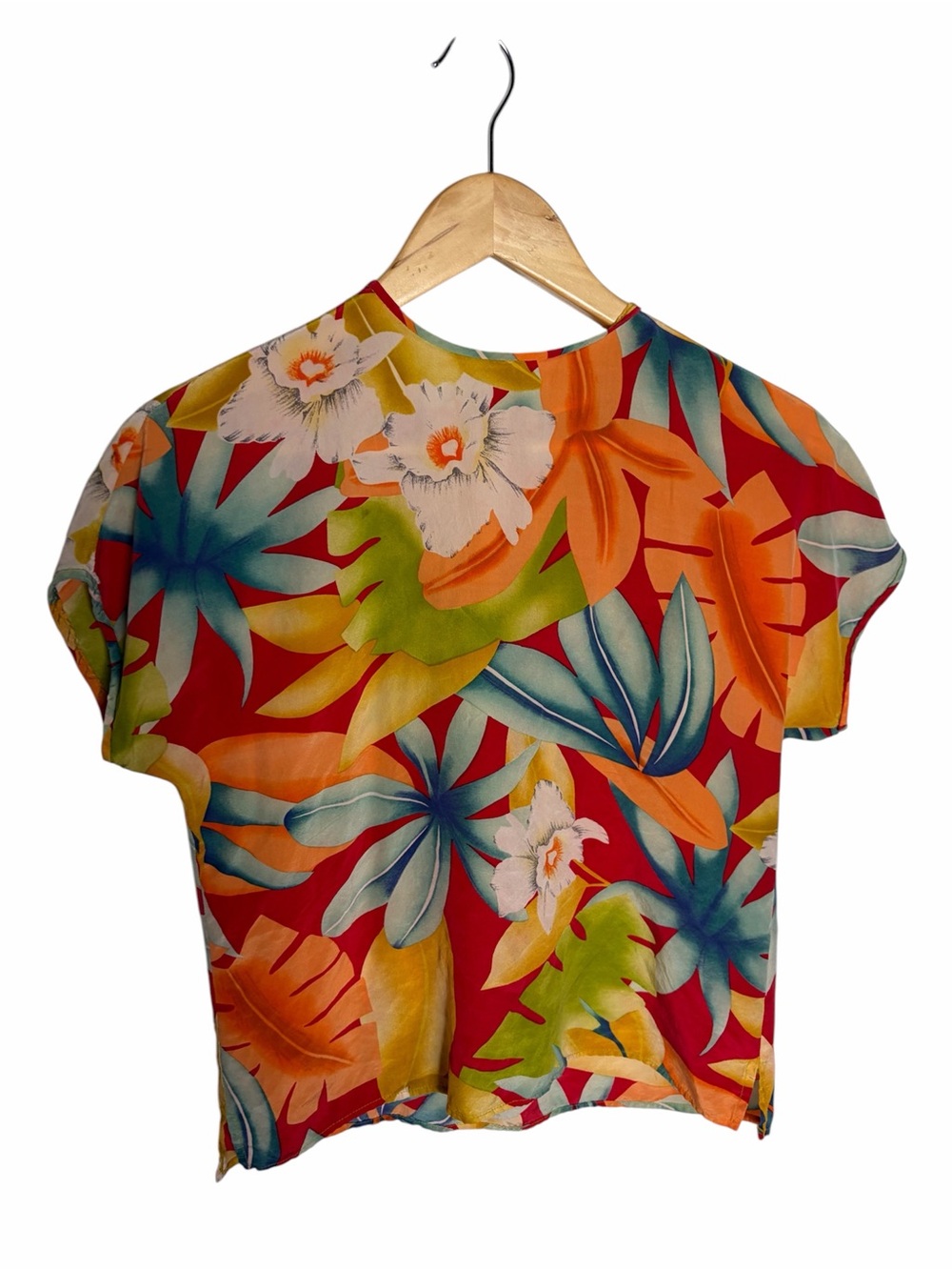 Vintage 90s Korean bright silk tropical floral blouse size 6 Petite